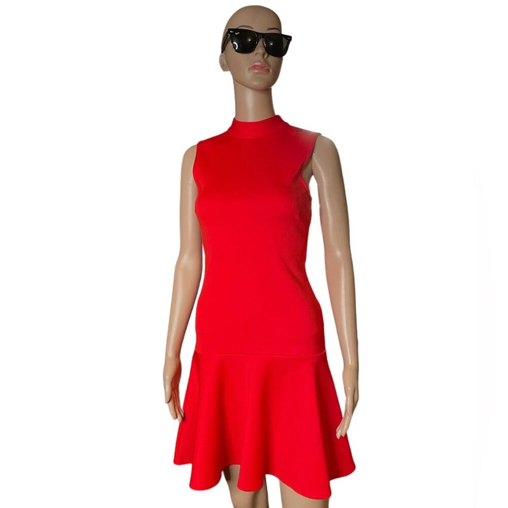 H&M Red sleeveless mock neck fitted and flare midi dress size XS